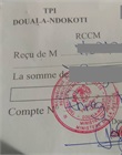 Reçu de paiement des frais d'immatriculation au registre de commerce